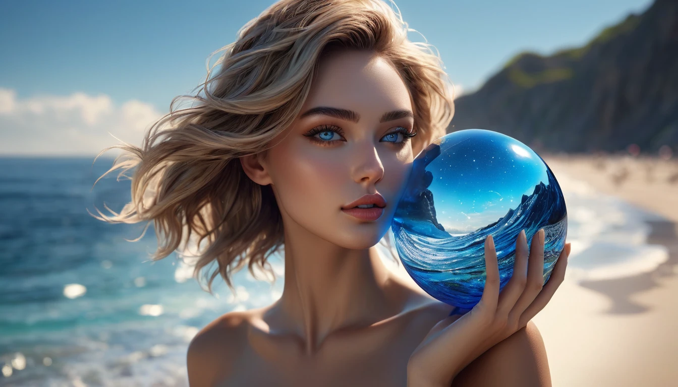On the beach, a girl in a blue bikini holds a glass ball and looks at it, emitting the glow of a galactic storm. Her presence emits a shimmering aura, seamlessly merging with the ethereal manifestation within the sphere. Sand, sea and stars converge in a scene of surreal beauty where the earthly meets the heavenly in a harmonious embrace. A luminous aura forms around the girl.Profile Angle. Young adult, [Nordic:Icelandic:0.5], age 25, Hourglass elongated sexy fitness body, perfect Olive skin, Oval Face, Long neck, Rounded shoulders, long slim fitness arms, Attached Pointed ears, round forehead, Short blonde Beach Waves pixie haircut Parting centre hair, snub nose, Arched Thin eyebrows, Monolid Eyes, High Round Narrow Symmetrical cheekbones, Dimpled Cheeks, Rounded Chin, Rounded Jawline, Fine Puppet Wrinkles, Smooth Nasolabial Folds, Full nude Lips, (blue eyes), Nude Makeup Look, 8k, vray, IMax, hyperrealism, perfect light, bokeh Carl Zeiss 85mm, small depth of field, photorealistic, masterpiece, high resolution, best quality, cinematic shot, ultra-detailed, super realistic, Hyperrealistic art, high-quality, ultra high res, highest detailed, lot of details, Extremely high-resolution details, photographic, realism pushed to extreme, incredibly lifelike,

atmospheric perspective (focus on face),
realistic skin, soft light, detailed skin, colourful, soft cinematic light, 
