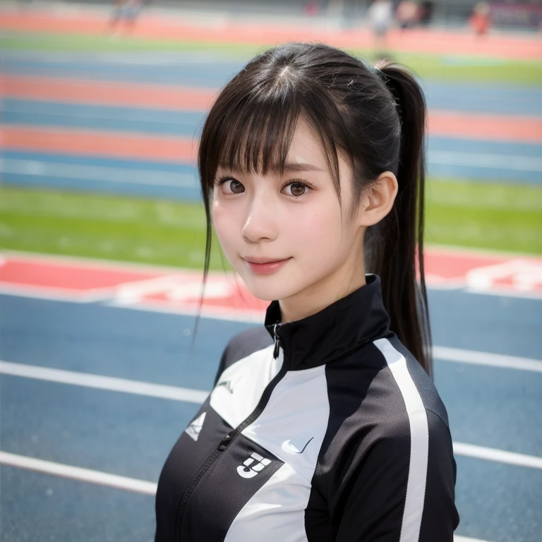 (kawaii 24 year-old Japanese girl, perfect athlete body, Nogizaka idol, Korean idol), (glossy black hair, high ponytail:1.3), (bangs), (rounded face, single eyelid, no makeup, soft smiling:1.2), (wearing track suit:1.3), flat chest, (looking at viewer:1.2), BREAK, (track and field stadium background:1.3), (summer, daytime), sunlight from forward, (dynamic angle:1.3), BREAK, (masterpiece, best quality, photo realistic, official art:1.4), (UHD, 8K quality wallpaper, high resolution, raw photo, film grain, golden ratio:1.2), (shiny skin), professional lighting, physically based rendering, award winning, (perfect anatomy, highly detailed skin textures, extremely detailed face and eyes, well drawn glittering pupils), Carl Zeiss 85 mm F/1.4, depth of field, 1girl, solo,