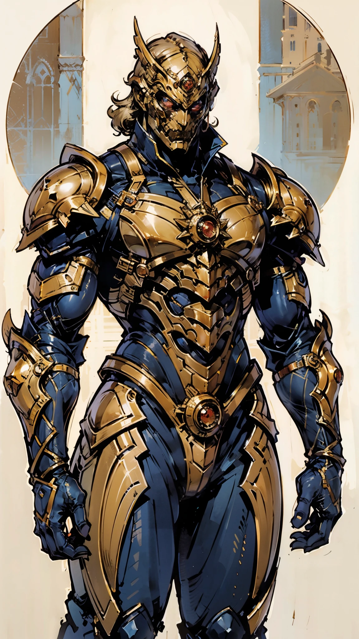 A man with short golden hair slicked back, his face entirely obscured by a Dynastinae concept mask, full mask, cold gaze, clad in an indigo blue fantasy-style Dynastinae concept chest plate, his arms and legs are clad in matching armor, he wears a white undershirt and trousers with golden stripes, standing within a magnificent fantasy-style palace, this character embodies a finely crafted fantasy-style masked light armor warrior in anime style, exquisite and mature manga art style, high definition, best quality, highres, ultra-detailed, ultra-fine painting, extremely delicate, professional, perfect body proportions, golden ratio, anatomically correct, symmetrical face, extremely detailed eyes and face, high quality eyes, creativity, RAW photo, UHD, 32k, Natural light, cinematic lighting, masterpiece-anatomy-perfect, masterpiece:1.5
