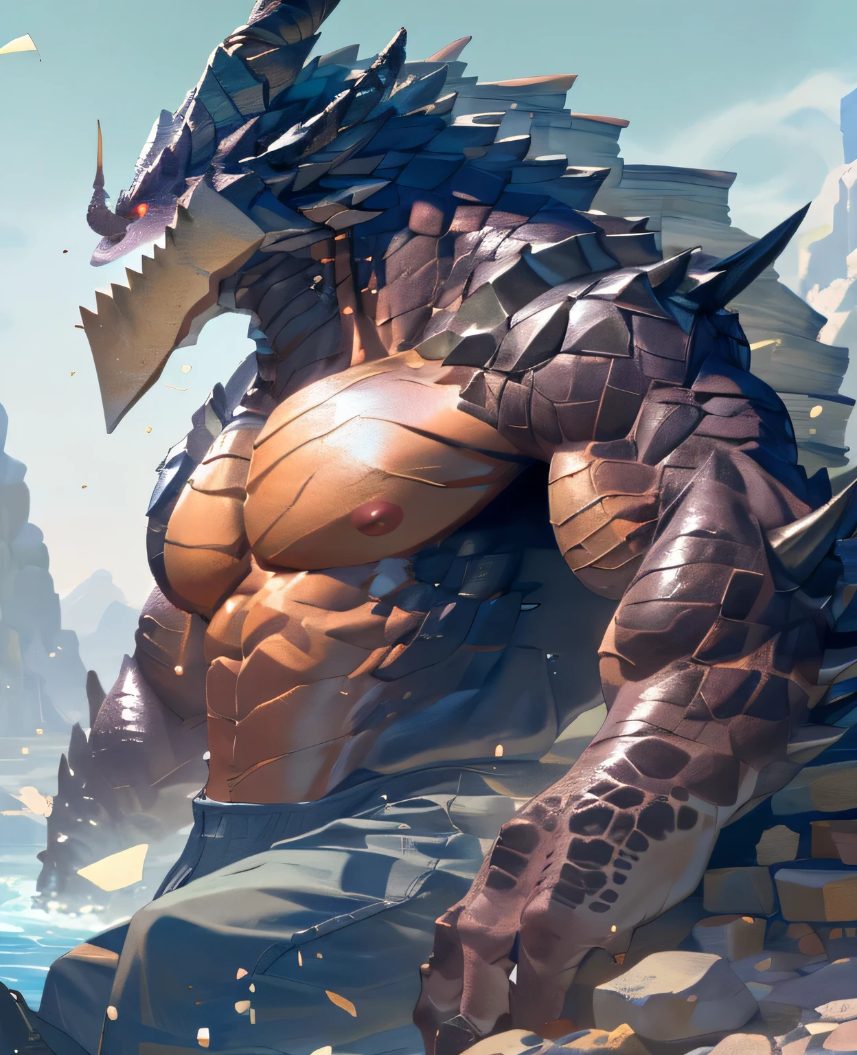 dragon,alone,paw,teeth,crawler,chest muscles, peak, Teeth Adult,alone,dragon tail,sit down,meditate,practice,exercise,4K,best quality,HD,whole body,paw,topless,looking at the audience,chest muscles, pink nipples, Six-pack abs,biceps,anatomically correct,,pride,soft shadow,majestic,Detailed face,HD eyes,sharp vision,Red eyes,eyes sparkling,magnificent,brave,,confident smile,Strong,Mature,shorts,wilderness,ruins,river,Blue sky and white clouds,The sun shines