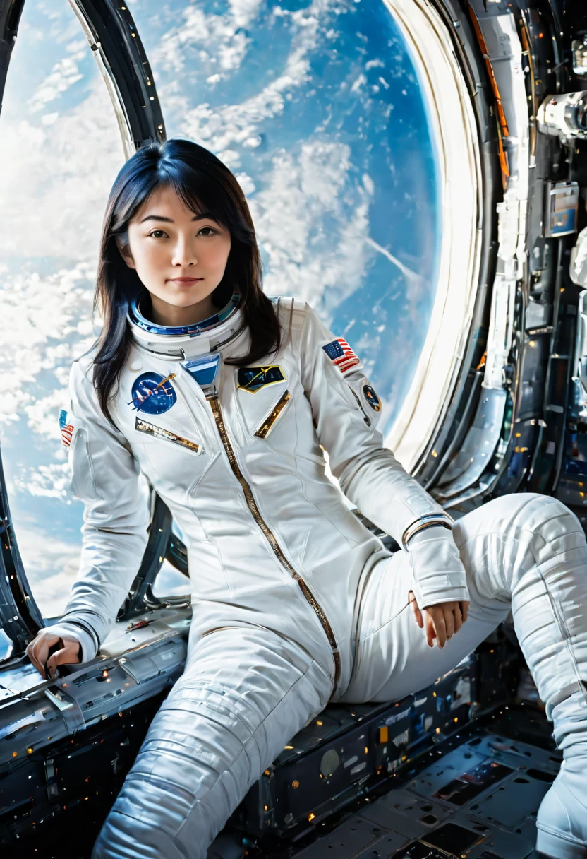 Arabian woman in white spacesuit sitting on space shuttle, space girl, In a space suit, powerful woman sitting in space, wearing a space suitいる, woman astronaut, wearing a space suit, portrait anime space cadet girl, akiko takase, Kazue Kato, In front of the window of the space station, star trek asian women, Space Molly, kiyoko suzuki