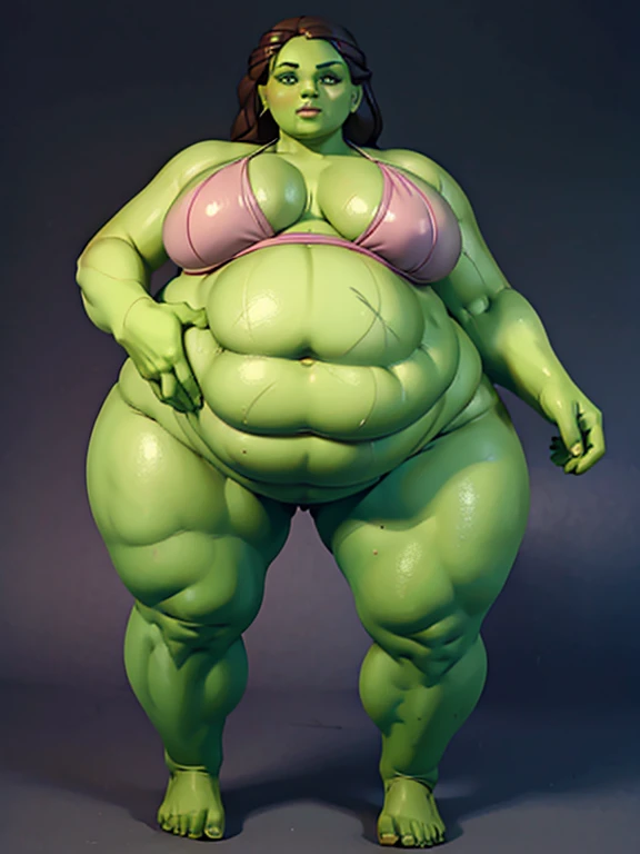 (1girl), beautiful pregnant supermodel woman, green skin, bikini, glowing eyes, biting lip, extremely obese, (obese belly):1.8, (obese legs):1.5, massive SSBBW body, massive pregnant hyperbelly, soft massive obese pregnant belly, cute chubby feminine face, sensual pose, soft obese thighs, soft obese legs, soft obese breasts, soft obese arms, soft chubby hands, soft chubby feet, looking down
