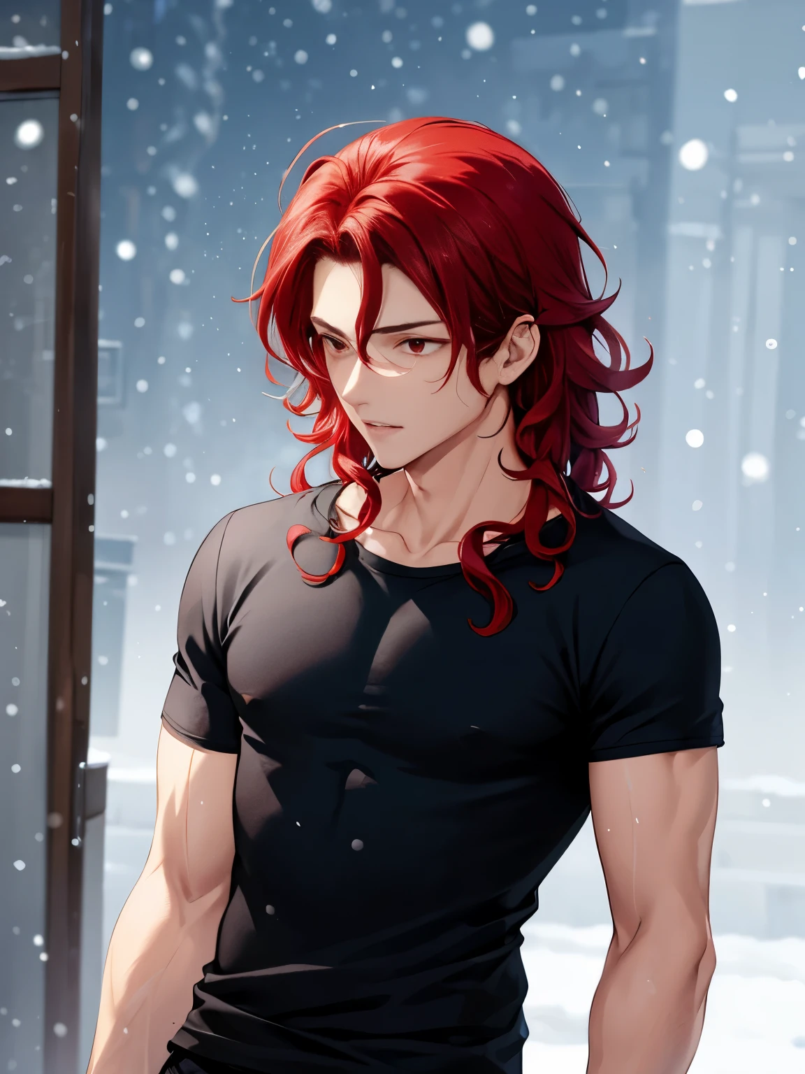 1boy, cool style,looking away,Black t-shirt,standing, close up photo,snowing,handsome,Shoulder length hair,curly hair, red hair,black trousers, black t-shirt,red eyes, vampire