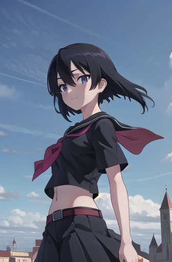 agkkurome, kurome, short hair, black hair, (black eyes:1.3), hair between eyes, cute face, smile, blush
BREAK skirt, serafuku, black serafuku, tightened shirt, short sleeves, black skirt, neckerchief, red neckerchief, belt, arms crossed, midriff peek
BREAK city, sky, clouds, palace courtyards, sun, hot
BREAK looking at viewer, (cowboy shot:1.5), wind, wind blowing, from side
BREAK (masterpiece:1.2), best quality, high resolution, unity 8k wallpaper, (illustration:0.8), (beautiful detailed eyes:1.6), extremely detailed face, perfect lighting, extremely detailed CG, (perfect hands, perfect anatomy)