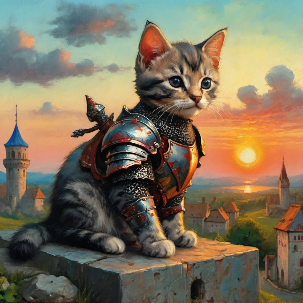 ((top air view)) A cute kitten-knight, made of Iridium armor, knight, cyberpunk  crimson sunset, created ((in the style of Albrecht Altdorfer)), Renaissance, pin-dot art,((oil painting knife)), rainessanse older gradient, Complex details, intricate, aesthetics, ((best quality, Masterpiece)),
((Highest detail), Octane rendering, 8K  