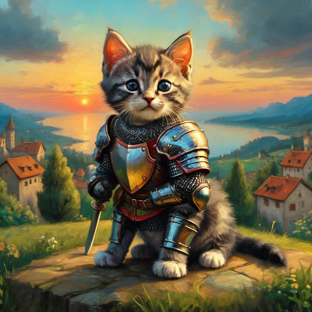 ((top air view)) A cute kitten-knight, made of Iridium armor, knight, cyberpunk crimson sunset, created ((in the style of Albrecht Altdorfer)), Renaissance, pin-dot art,((oil painting knife)), rainessanse older gradient, Complex details, intricate, aesthetics, ((best quality, Masterpiece)),
((Highest detail), Octane rendering, 8K