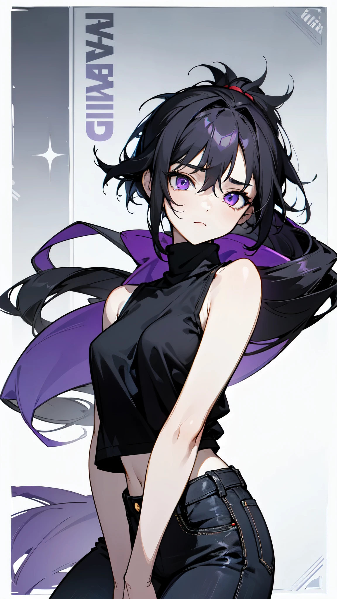 (masterpiece, sidelighting, finely detailed purple eyes: 1.2), ((best quality)), (highly detailed:1.3), anime, character sheet, concert art, young girl, ((black turtleneck, sleeveless)), open jacket, (loose black denim pants), pale skin, (bored expression), long hair, ((black hair:1.3)), messy haircut, hair between eyes, low ponytail, purple tattoo on left palm, scar on face, solo, 1girl,