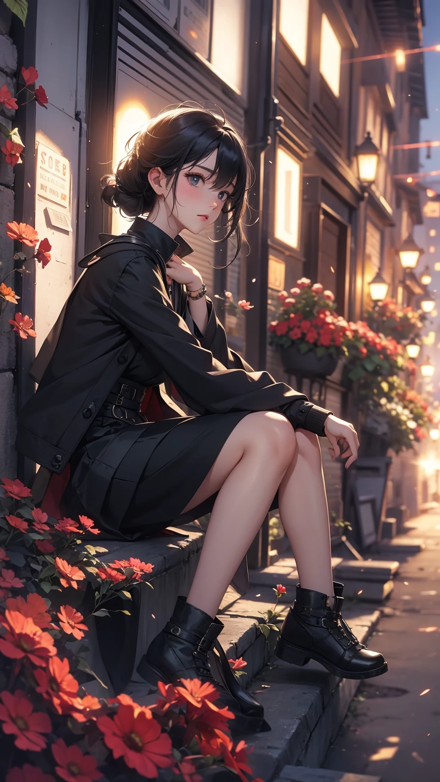 (Highly detailed CG unit 8k wallpaper, masterpiece, High resolution, highest quality, highest qualityのリアルテクスチャスキン), Fashion model sitting on the edge of a flower bed, Close-up:1.2, Ash gray shorthair:1.3, (Stalgic and inorganic fashion, Layered maxi skirt and long sleeve wide jacket combination), (An empty back alley in the countryside:1.3, Colourful flower beds along the road, cobblestone road), hyper realistic, digital painting, concept art,