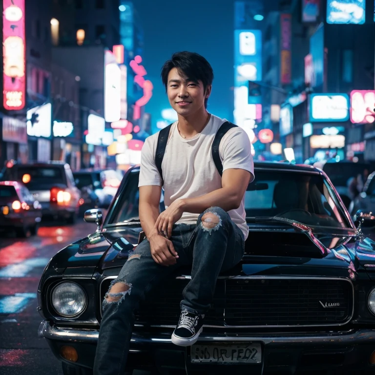 A striking and highly detailed photo of a confident Asian man with gentle smilling and short black hair, wearing a white t-shirt, ripped jeans, and Vans shoes, sitting on the hood of a classic muscle car. The background reveals a bustling city night street illuminated by neon signs and the glimmering cityscape. The atmosphere exudes a sense of urban grit and glamour, with a touch of rebellious attitude., photo