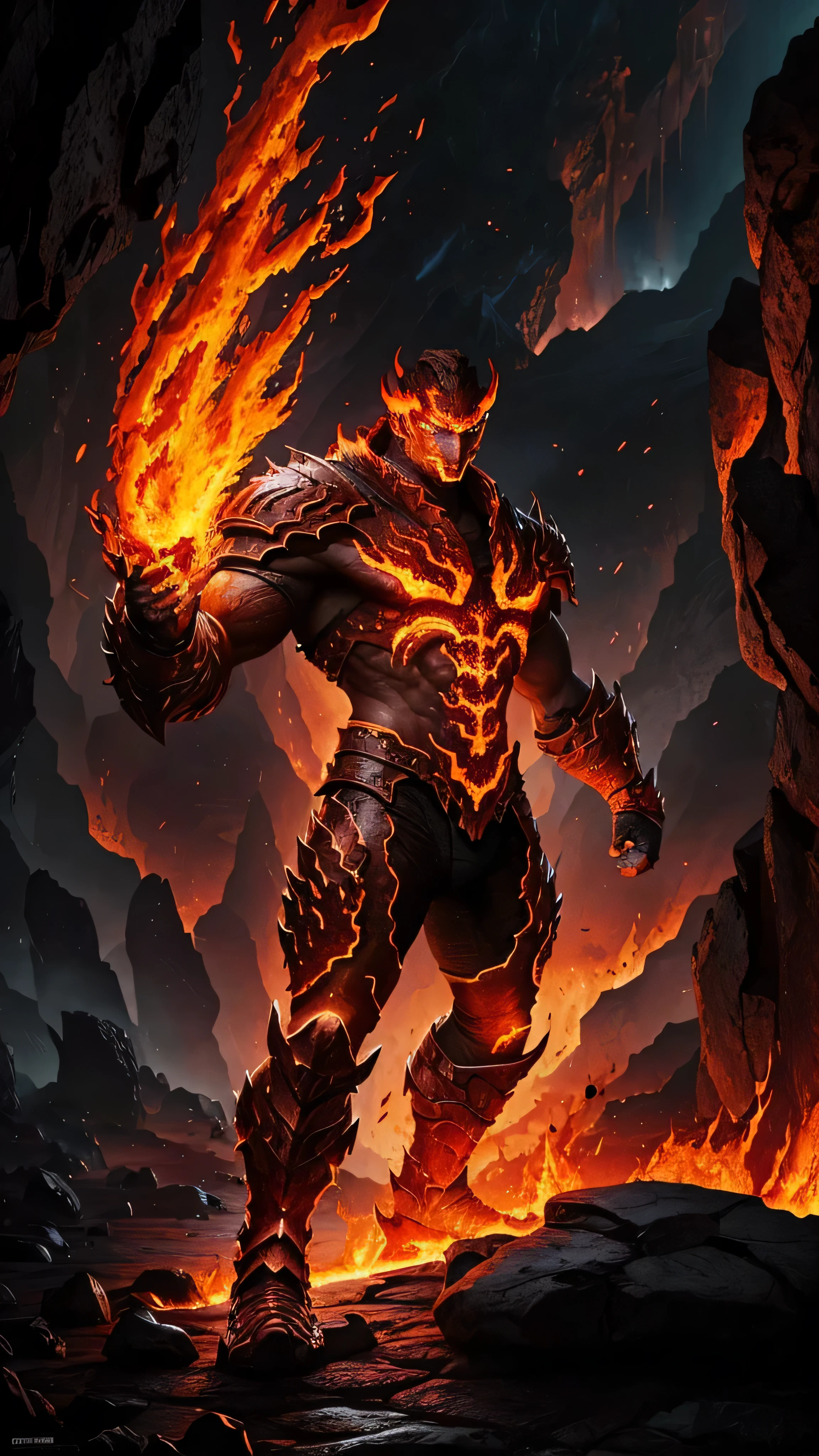 Blaze from Mortal Kombat, humanoid fire elemental, ((blazing lava fiery appearance)), ((eyes glow with an intense fiery hue)), ((rock formations resembling armor)), hulking, monstrous, 1man, solo, full body view, intricate, high detail, sharp focus, dramatic, photorealistic painting art by greg rutkowski