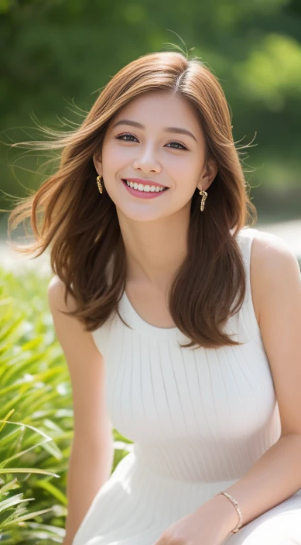 1 girl, hairpin, earrings, jewelry, brown hair, looking at the audience, lips, playful, Sit in front of the artboard, , thigh, whole body, In the sea of flowers or on the beach, She wore a long white dress, Slightly sideways, Hands touching long hair, gentle eyes, Smile, It is as if you are admiring the beauty of nature, Such photos will definitely make people feel her beautiful and innocent aura. The tone of the photo can be predominantly natural, Bright and soft, Makes people feel warm、peaceful. It seems to be dancing with its surroundings. Her breath is full of life and vitality, as if her whole body is venting the energy of youth. The whole picture is brought to life by her presence, Make people feel endless joy and vitality.