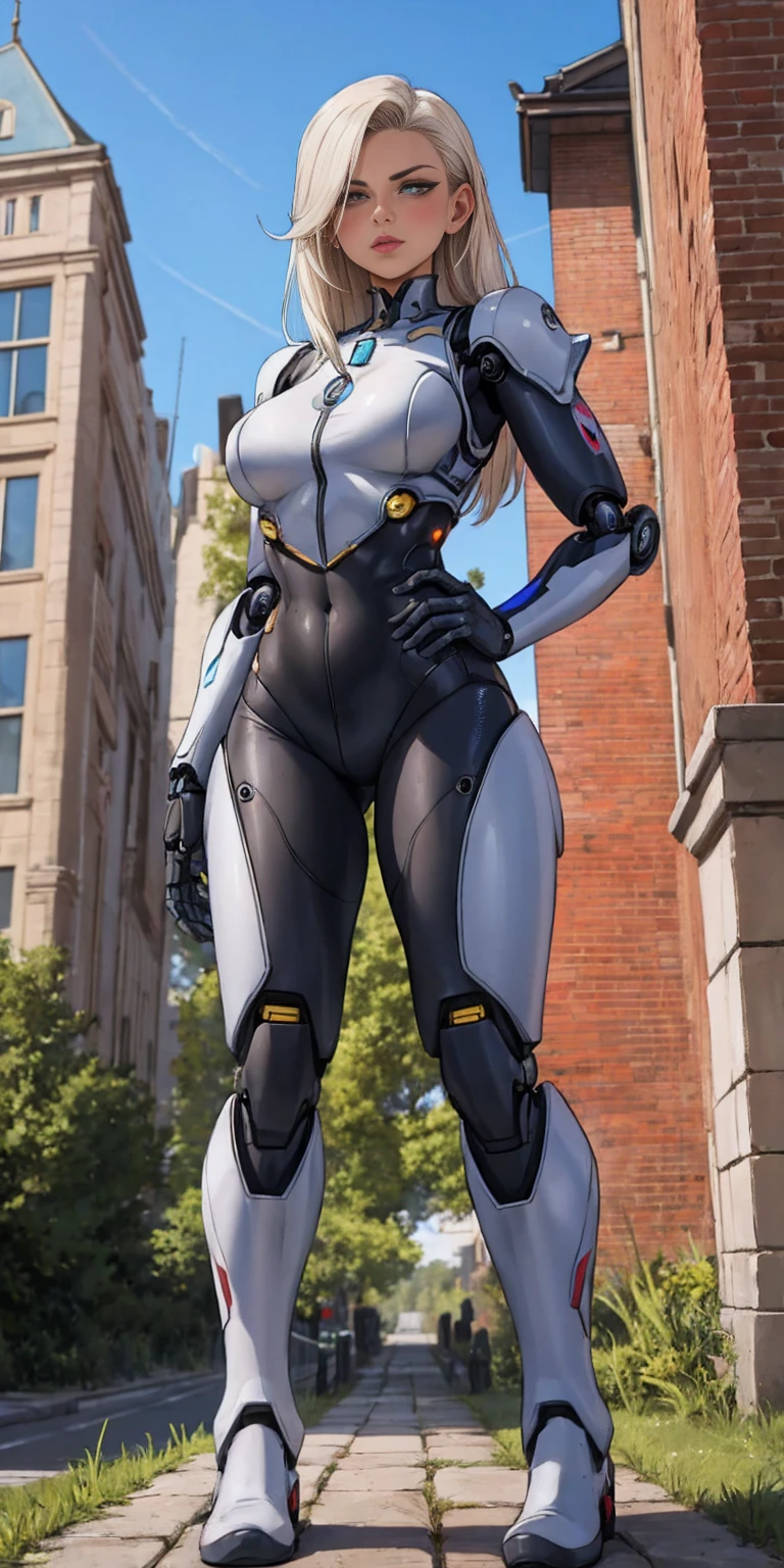 There is a woman in a robot suit posing next to an ancient building, Beautiful white girl half cyborg, Cute cyborg girl, Beautiful girl cyborg, Perfect Robot Girl, Cyborg girl, Young cyborg grady, Beautiful Female Robot, Beautiful robot woman, cyborg girl, perfect cyborg female, porcelain cyborg, Female robot, Beautiful cyborg images, Pirotess standing feet together, high boots