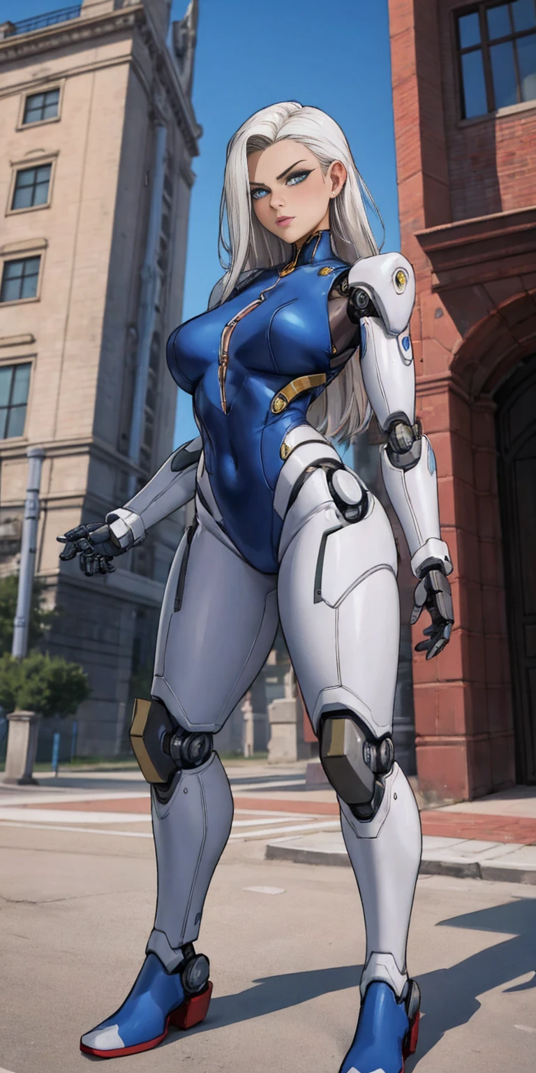 There is a woman in a robot suit posing next to an ancient building, Beautiful white girl half cyborg, Cute cyborg girl, Beautiful girl cyborg, Perfect Robot Girl, Cyborg girl, Young cyborg grady, Beautiful Female Robot, Beautiful robot woman, cyborg girl, perfect cyborg female, porcelain cyborg, Female robot, Beautiful cyborg images, Pirotess standing feet together, high boots