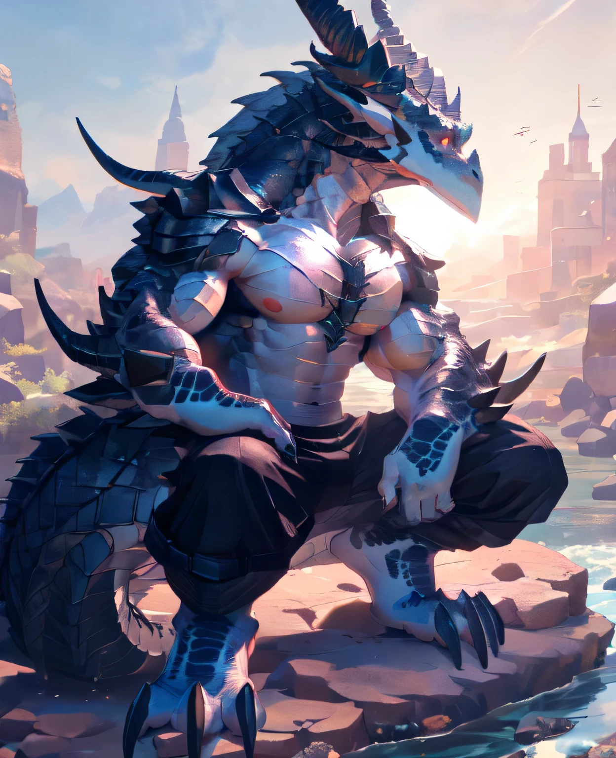 dragon,alone,paw,teeth,crawler,chest muscles, peak, teethAdult,alone,dragon tail,sit down,meditate,practice,exercise,4K,best quality,HD,whole body,paw,topless,looking at the audience,chest muscles, pink nipples, Six-pack abs,biceps,anatomically correct,,pride,soft shadow,majestic,Detailed face,HD eyes,keen vision,Red eyes,eyes sparkling,Gorgeous,brave,,confident smile,Strong,Mature,shorts,wilderness,ruins,river,Blue sky and white clouds,The sun shines