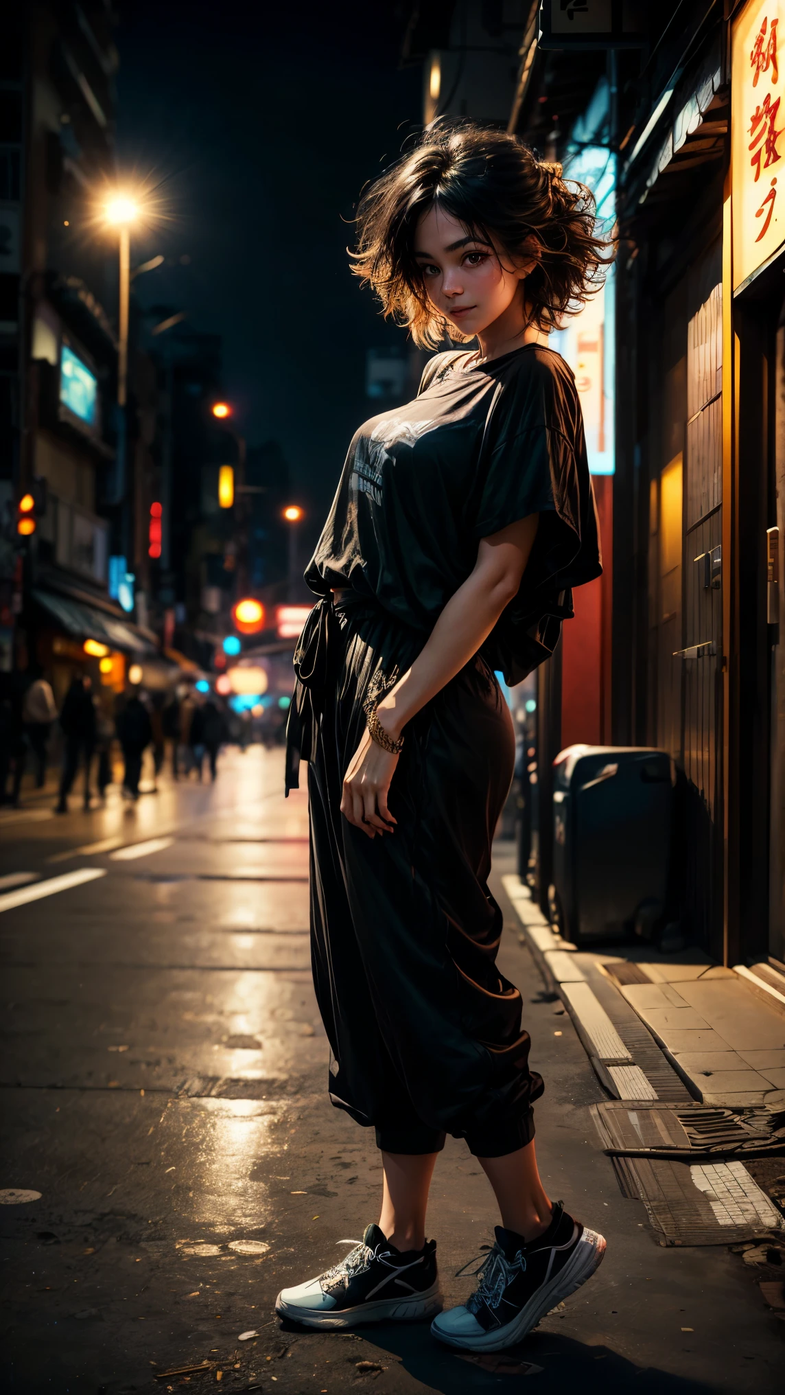 1girl, solo ,masterpiece, best_quality, photoshoot, looking at camera, young adult , happy expression, (porcelain skin), brown eyes, (black hair), (messy hair), black tshirt, black sweatpants, white skin, night, japan city background, leaning, full body, dj
