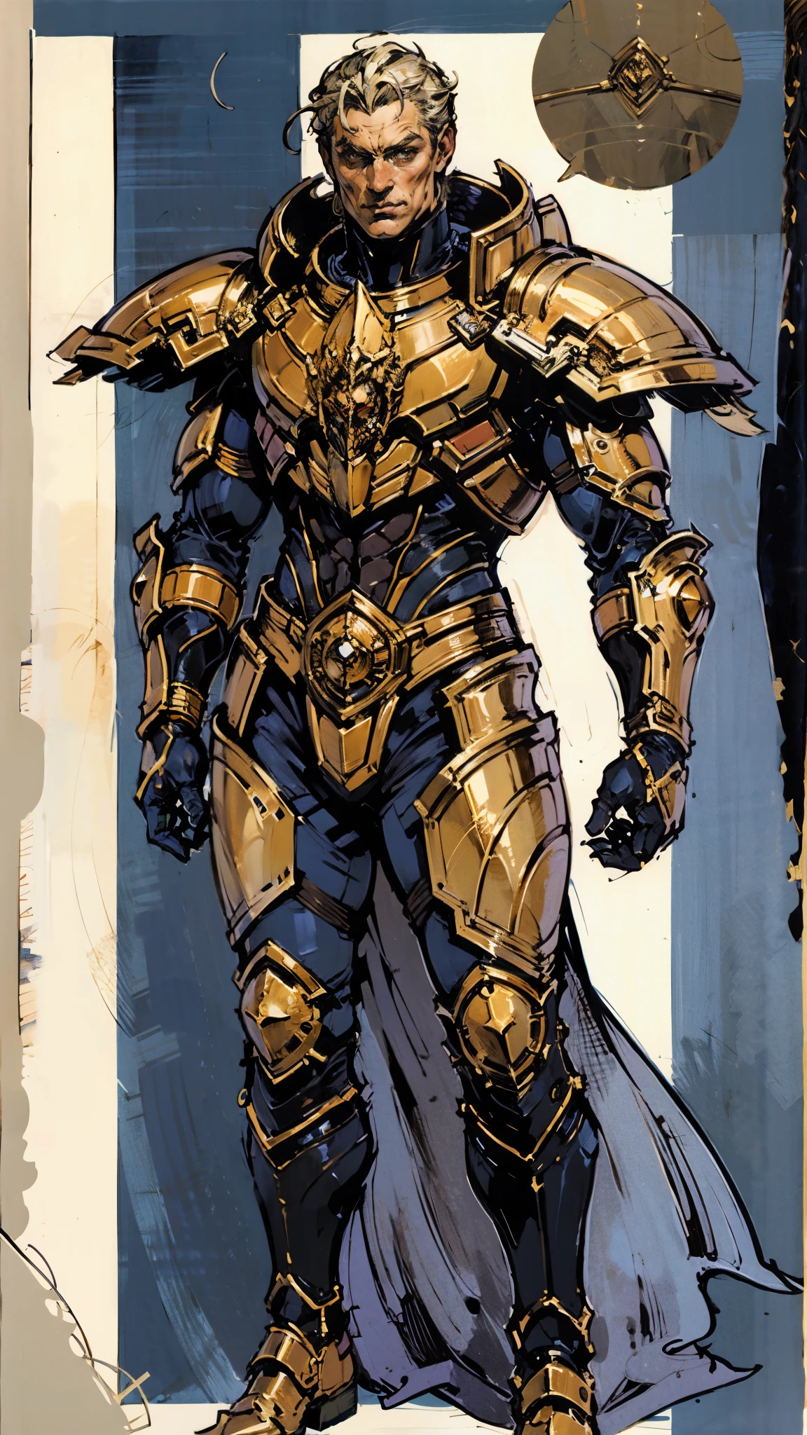 A man with short golden hair slicked back, his face entirely obscured by a Dynastinae concept mask, full mask, cold gaze, clad in an indigo blue fantasy-style Dynastinae concept chest plate, his arms and legs are clad in matching armor, he wears a white undershirt and trousers with golden stripes, standing within a magnificent fantasy-style palace, this character embodies a finely crafted fantasy-style masked light armor warrior in anime style, exquisite and mature manga art style, high definition, best quality, highres, ultra-detailed, ultra-fine painting, extremely delicate, professional, perfect body proportions, golden ratio, anatomically correct, symmetrical face, extremely detailed eyes and face, high quality eyes, creativity, RAW photo, UHD, 32k, Natural light, cinematic lighting, masterpiece-anatomy-perfect, masterpiece:1.5