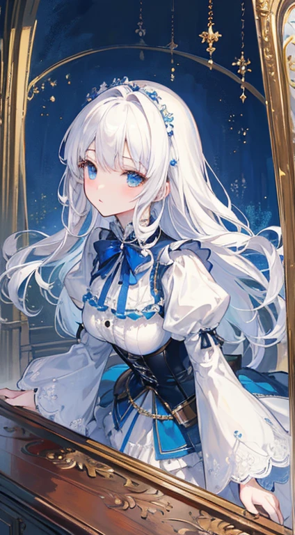 (((​Masterpiece)))、((top quality))、(Super detailed)、(CG illustration)、(a very beautiful woman))、film light、((1 Mechanical Girl))、 (Beautiful and willful)()、facing forward,white hair,corset belt,Blue high waist skirt,upper body portrait