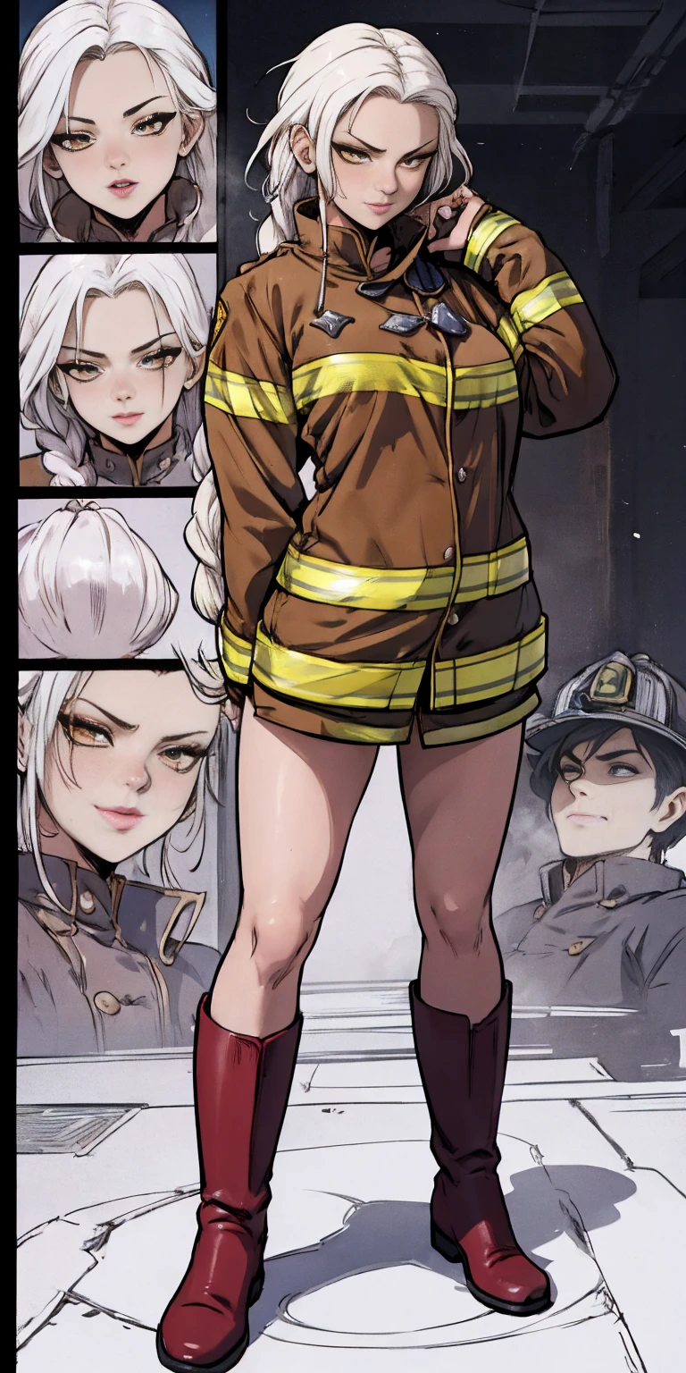 (nsfw, vulgar art:1.2), (2d style:1.2), (artwork:1.2), (lineart:1.33), , by (Satoshi Kon:1.2) BREAK, best quality, masterpiece, 8k, (hdr:1.1), (cinematic:1.2), (firefighter's outfit, firefighter's outfit:1.4), (medium breast:1), long hair, smile, yellow eyes, (whitehair:1.3), braid, single braid, Pirotess standing feet together, high boots