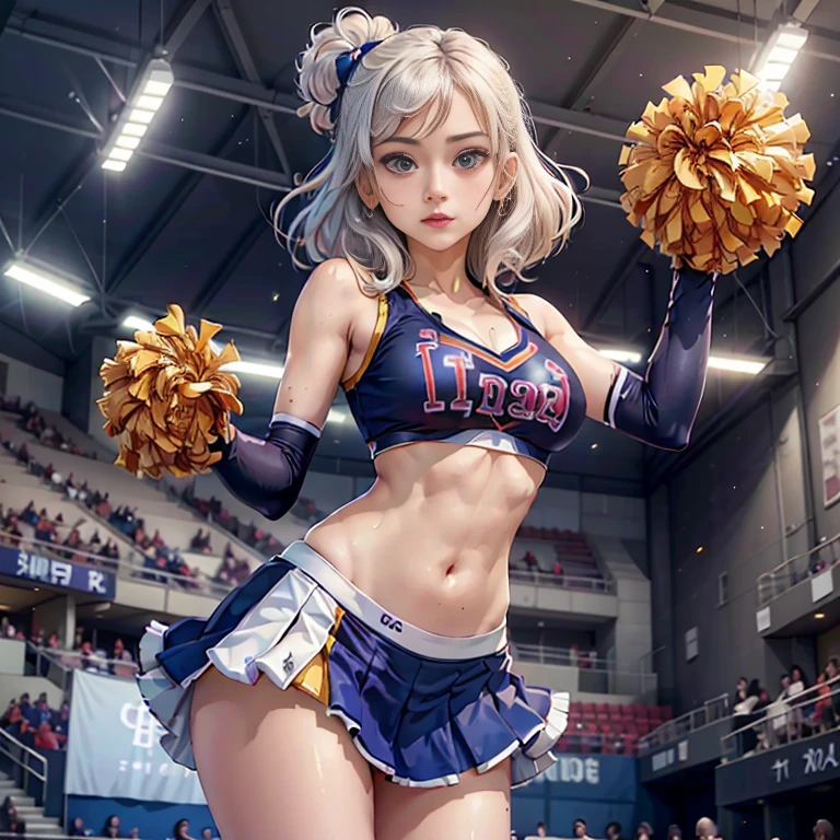 Masterpiece, best quality, detailed face, woman, platinum hair, college cheerleader uniform, midriff, standing, holding pom poms, skirt, at the college, looking at viewer, neutral face