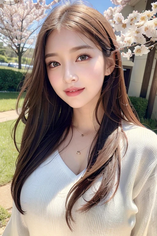 (8K, highest quality, masterpiece:1.2), (realistic, Photoreal:1.37),face close up, super detailed, one girl, cute, solo, outdoor, (nose blush), (laughter:1.20), (closed mouth), chest, beautiful and fine eyes, (hair length: 1.2), Floating hair NovaFrogStyle, Upper body, cherry blossoms