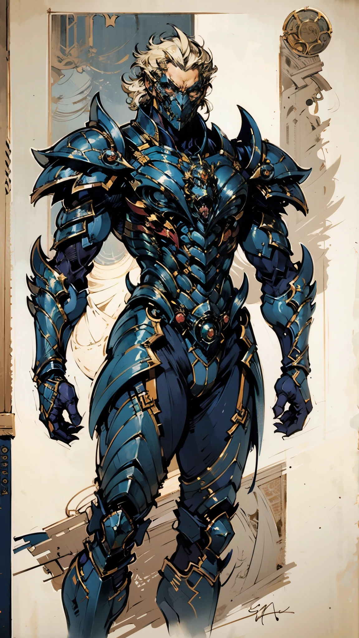 A man with short golden hair slicked back, his face entirely obscured by a Dynastinae concept mask, full mask, cold gaze, clad in an indigo blue fantasy-style Dynastinae concept chest plate, his arms and legs are clad in matching armor, he wears a white undershirt and trousers with golden stripes, standing within a magnificent fantasy-style palace, this character embodies a finely crafted fantasy-style masked light armor warrior in anime style, exquisite and mature manga art style, high definition, best quality, highres, ultra-detailed, ultra-fine painting, extremely delicate, professional, perfect body proportions, golden ratio, anatomically correct, symmetrical face, extremely detailed eyes and face, high quality eyes, creativity, RAW photo, UHD, 32k, Natural light, cinematic lighting, masterpiece-anatomy-perfect, masterpiece:1.5