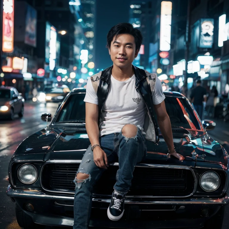 A striking and highly detailed photo of a confident Asian man with gentle smilling and short black hair, wearing a white t-shirt, ripped jeans, and Vans shoes, sitting on the hood of a classic muscle car. The background reveals a bustling city night street illuminated by neon signs and the glimmering cityscape. The atmosphere exudes a sense of urban grit and glamour, with a touch of rebellious attitude., photo