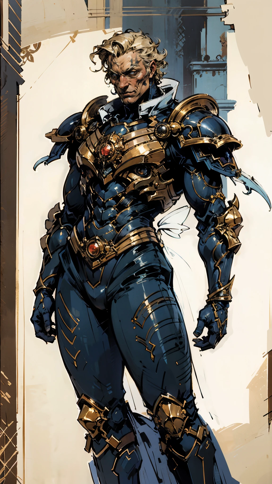 A man with short golden hair slicked back, his face entirely obscured by a Dynastinae concept mask, full mask, cold gaze, clad in an indigo blue fantasy-style Dynastinae concept chest plate, his arms and legs are clad in matching armor, he wears a white undershirt and trousers with golden stripes, standing within a magnificent fantasy-style palace, this character embodies a finely crafted fantasy-style masked light armor warrior in anime style, exquisite and mature manga art style, high definition, best quality, highres, ultra-detailed, ultra-fine painting, extremely delicate, professional, perfect body proportions, golden ratio, anatomically correct, symmetrical face, extremely detailed eyes and face, high quality eyes, creativity, RAW photo, UHD, 32k, Natural light, cinematic lighting, masterpiece-anatomy-perfect, masterpiece:1.5
