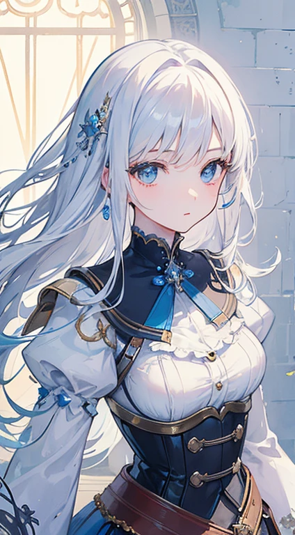(((​Masterpiece)))、((top quality))、(Super detailed)、(CG illustration)、(a very beautiful woman))、film light、((1 Mechanical Girl))、 (Beautiful and willful)()、facing forward,white hair,corset belt,Blue high waist skirt,upper body portrait