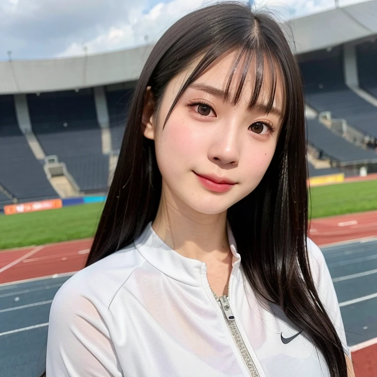 (kawaii 24 year-old Japanese girl, perfect athlete body, Nogizaka idol, Korean idol), (glossy black hair, high ponytail:1.3), (bangs), (rounded face, single eyelid, no makeup, soft smiling:1.2), (wearing track suit:1.3), flat chest, (looking at viewer:1.2), BREAK, (track and field stadium background:1.3), (summer, daytime), sunlight from forward, (dynamic angle:1.3), BREAK, (masterpiece, best quality, photo realistic, official art:1.4), (UHD, 8K quality wallpaper, high resolution, raw photo, film grain, golden ratio:1.2), (shiny skin), professional lighting, physically based rendering, award winning, (perfect anatomy, highly detailed skin textures, extremely detailed face and eyes, well drawn glittering pupils), Carl Zeiss 85 mm F/1.4, depth of field, 1girl, solo,