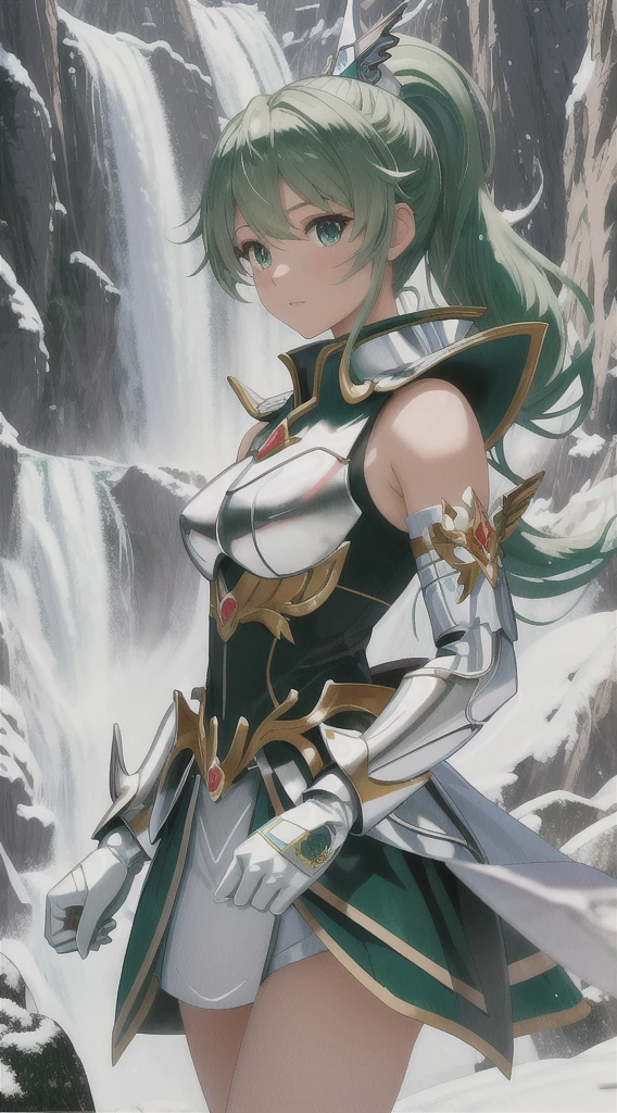 A masterpiece of optical realism, Highly detailed, lifelike 8k photos, Surreal quality at its finest., Volumetric light and shadow, Girl in Saint Pegasus_armor, green ponytail, snow mountain village, Panning shot of a beautiful waterfall