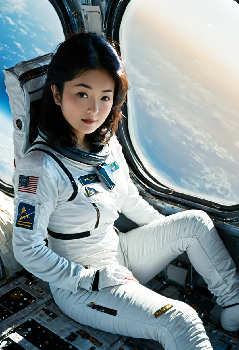 Arabian woman in white spacesuit sitting on space shuttle, space girl, In a space suit, powerful woman sitting in space, wearing a space suitいる, woman astronaut, wearing a space suit, portrait anime space cadet girl, akiko takase, Kazue Kato, In front of the window of the space station, star trek asian women, Space Molly, kiyoko suzuki