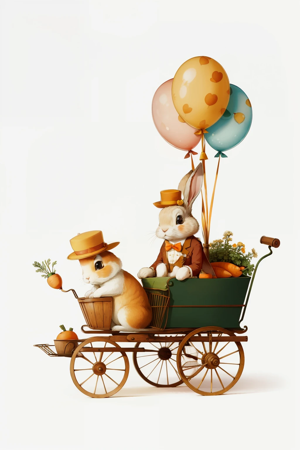 In this delightful illustration, a playful rabbit is depicted in the driver's seat of a quaint, miniature carrot cart. The cart is rigged up with a sturdy, red-and-white checked harness, pulling a ripe, orange carrot as its cargo. A catchy balloon, filled with sunny yellow air, is securely tied to the back of the cart, adding a touch of whimsy and excitement to the scene.

The rabbit wears a jaunty little hat, cocked to one side, and the corners of its mouth turn up in a mischievous grin. Its expressive, gentle eyes twinkle with anticipation as it