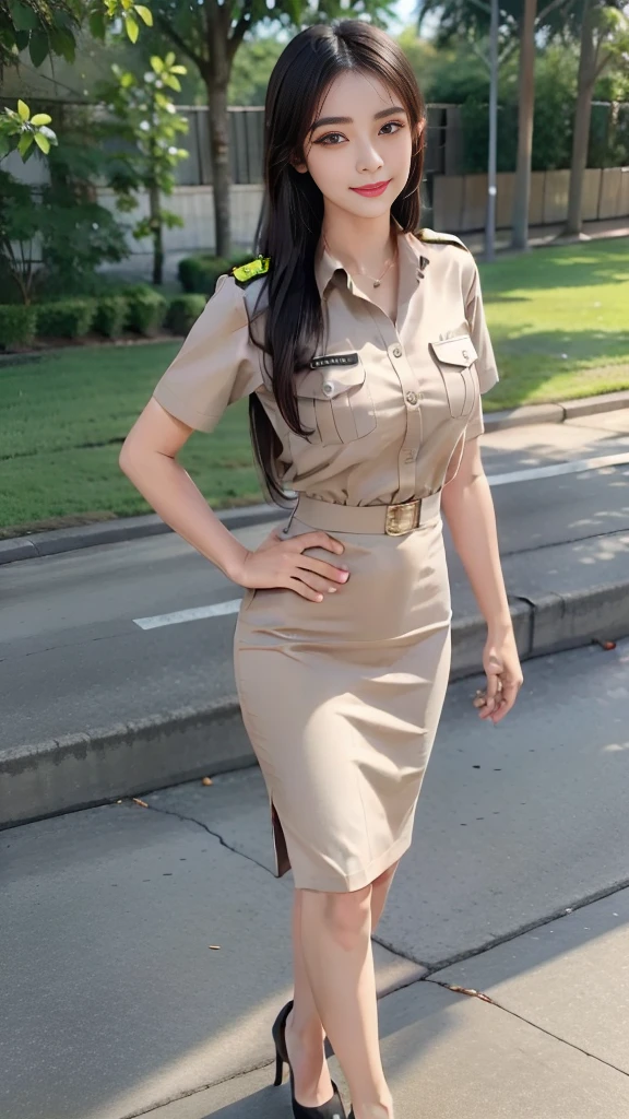 Khaki suit, khaki civil servant, Thai teacher uniform:1.3, beautiful girl, Two meter long hair, extra long hair, Long hair that catches the eye, long black hair, Her hair is very long., Long, shiny hair, Long, thick, soft hair, Extra long hair, Dynamic posts, like full body, Short sleeve shirtสีกากี, short pencil skirtสีกากี, side cut, Decorated with military insignia., black high heels, The sexiest, small waist, hips raised, small thighs, Long legs, big breastsโต, big breasts:1.5, big breast, Very big breasts, Eye-catching breasts, Large breasts pierce the shirt, Not completely covered, big breast, Huge breast, Big tits D, สาวTwo meter long hair, Beautiful face, red lips, Very shiny, แต่งBeautiful face, Military rank insignia, short pencil skirt, tight, Short sleeve shirt, tight fitting, in the background, blurred garden. ultra short skirt, sexy short skirt, Focus on short skirts, standing mannequin, walk, straight face, pull up skirt, beautiful thighs, short skirt, very mini skirt, very short skirt