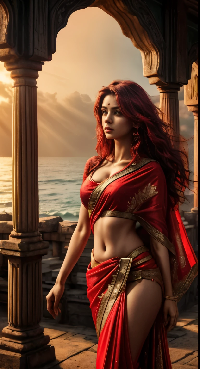 A girl body shape ( brode pelvic )and (medium size breasts)with red color long messy hair ,(wering_ ocean green and red and golden _jularis _saree), standing ancient destroy temple, red light at morning time,realistic, realism HDR 8K high quality high production value wide-angle shot