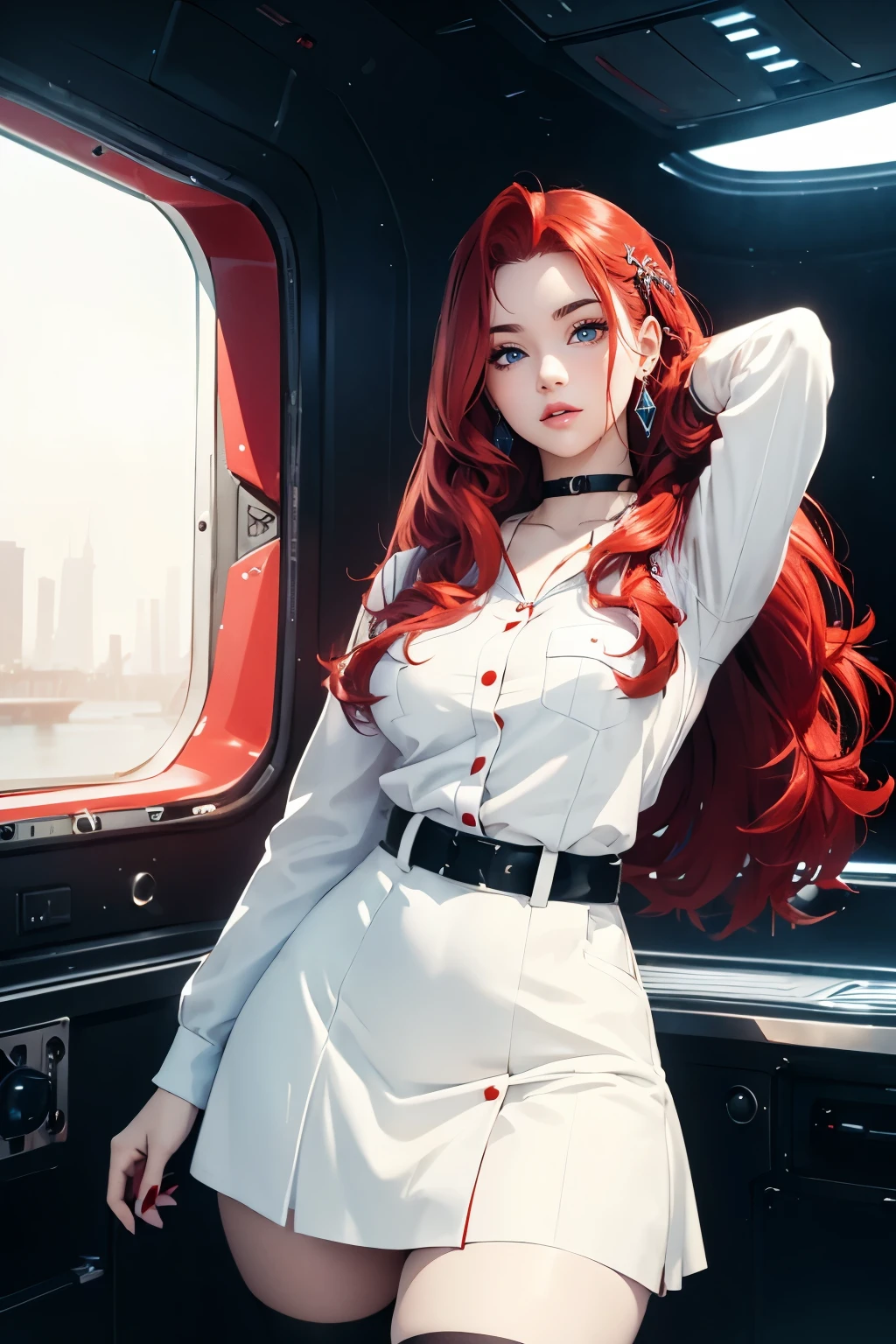 (distant view:1.3) red lipstick,portrait,(spaceship background) red hair color, wavy curvy long hair, choker, blue eyes, , looking at viewer, She has cheery demeanor, (white short Skirt),(white color Uniform)