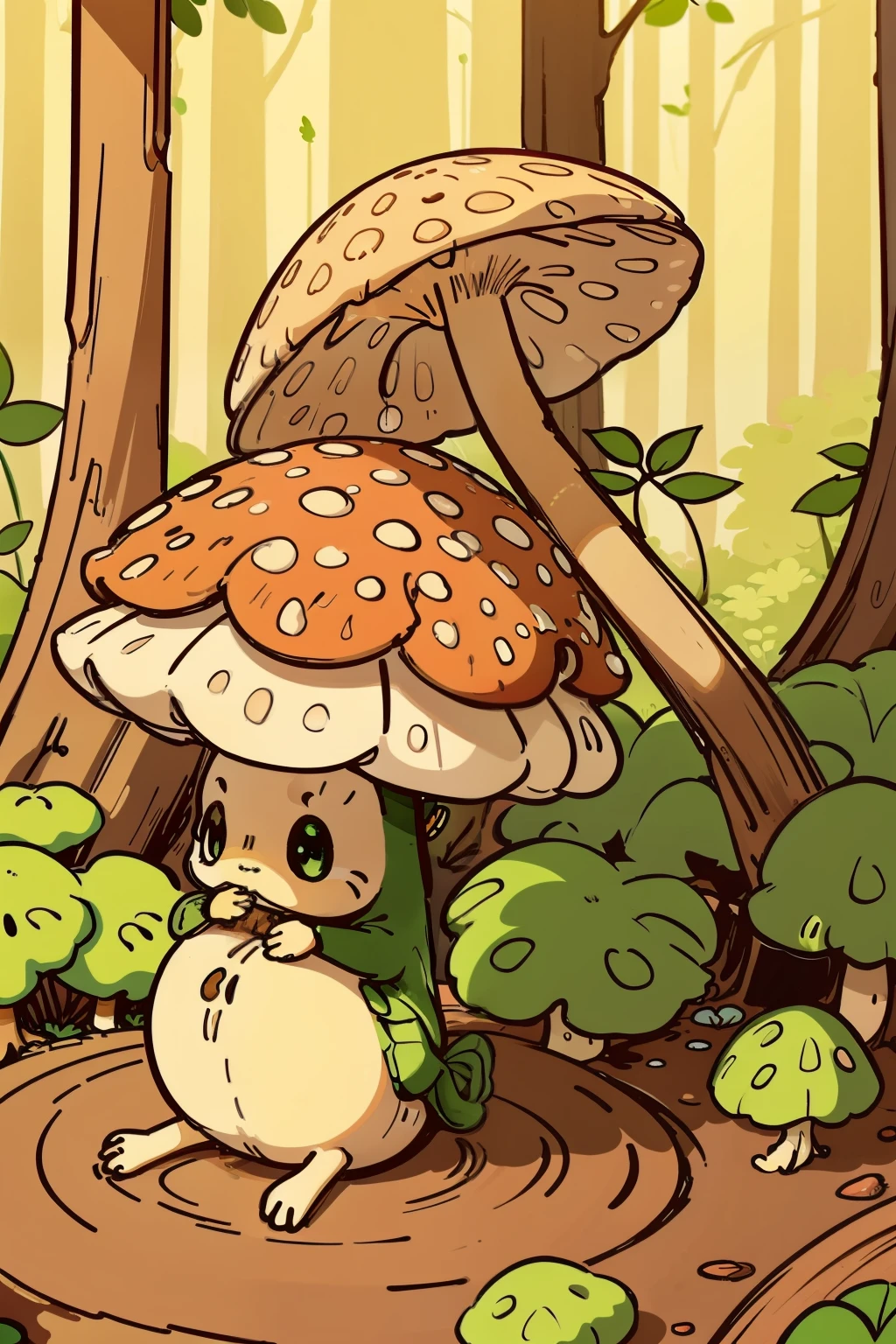 A simple drawing: A mushroom with a snail delicately crawling on its cap, leaving a trail of slimy residue behind. The mushroom, with its umbrella-like shape and cap that curves inward, sits peacefully on a mossy forest floor. The snail, moving slowly yet determinedly, has a soft, spiral shell and tiny, beady eyes. Its antennae twitch as it senses the air around it, and its small, suction-cup feet cling to the mushroom's surface. The forest floor is shrouded in a gentle, earthy light, creating an atmosphere of tranquility and harmony.