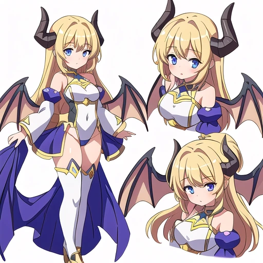 masterpiece, best quality, cute eyes, 1girl, solo, high fantasy costume, ((white background)), full body, multiple views, leotard, succubus, dragon horn, detached sleeves, adult character,