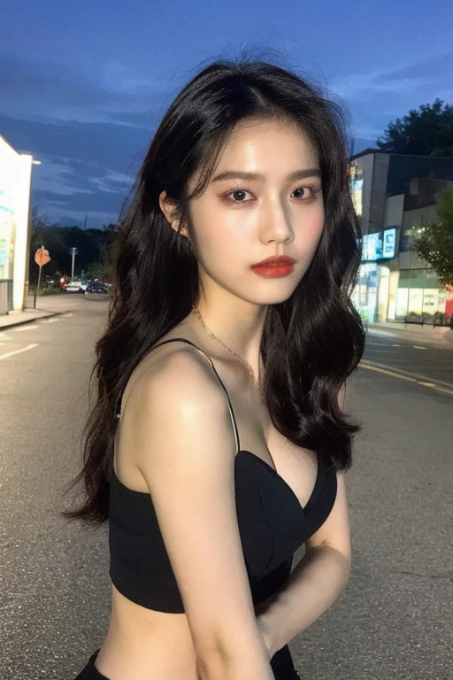 female star，beautiful girl, full body portrait,Perfect body， Long wavy hair, 非常detailed头发，black eye shadow, cleavage，Sexy long legs，(Sophisticated street style wear:1.2), (city background:1.2), dark makeup, The art of math, Popular topics on ArtStation, highly detailed, fine details, complex,  beautiful detailed glow, detailed, film light, high resolution, Smooth, aesthetic,