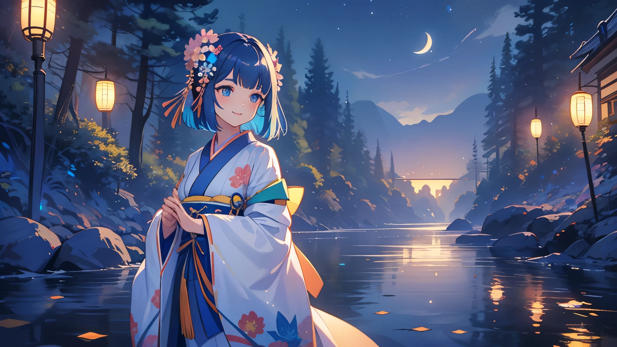 1 girl, (8K, best image quality, best quality, masterpiece), Masterpiece, There is a glowing aura around her, There is a very large moon in the background, Under the stars, Lit by moonlight, Night sky Bob cut, princess cut, detailed face with finely drawn eyes, reflection of the eyes, drawn from a certain angle, looking at the camera, delicate fingers, beautiful illumination, colorful butterfly background, blush, smile, bangs, hair ornament, long sleeves, long kimono, flowers, kimono, hair flowers, wide sleeves, Japanese clothes, kimono floral pattern,