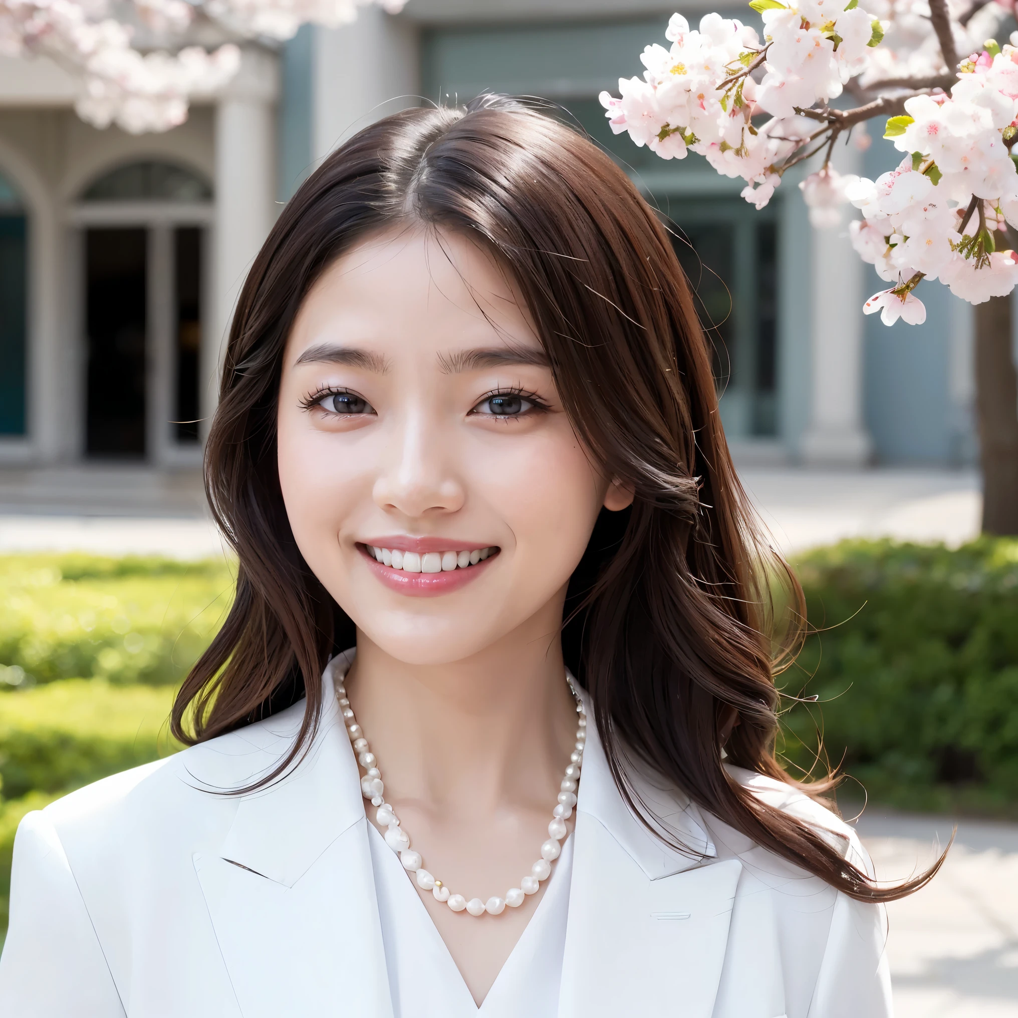 (masterpiece、highest quality、best image quality、8K、Award-winning work)、(1 40 year old mature woman:1.2)、(facial wrinkles:1.2)、(graduation costume:1.1)、(Commemorative photo taken with the school in the background:1.1)、(Beautiful skin that shines very brightly:1.3)、(very bright and vivid:1.2)、(look at me with your best smile:1.1)、(The most natural and perfect white formal suit:1.2)、(perfect and precise pearl necklace:1.2)、(Super bright and radiant skin:1.2)、(A perfect white suit that shines so brightly:1.1)、(とても明るくてピカピカのnew校舎:1.1)、(Elegantly styled very long wavy hair:1.2)、black brown hair、(big breasts:1.1)、emphasize body line、(Standing Most Elegantly:1.1)、(The background is a rectangular school building with four floors:1.2)、(Modern four-storey rectangular building:1.2)、(Reinforced concrete corner school:1.2)、(new, The modern exterior of the school building:1.1)、(beautiful square window glass:1.1)、(A new and beautiful high school:1.1)、sunny and beautiful sky、Clear, beautiful sky、beautiful thunderclouds、(refreshing sunshine:1.1)、(Blurred cherry blossom tree in full bloom in the background:1.1)、perfect makeup、bright lipstick、upper body photo、blurred background、(perfect anatomy:1.1)、Ultra high definition beauty face、ultra high definition hair、Super high resolution perfect beautiful teeth、(Show your beautiful teeth and smile big:1.1)、Super high-definition sparkling eyes、Super high resolution glossy lips