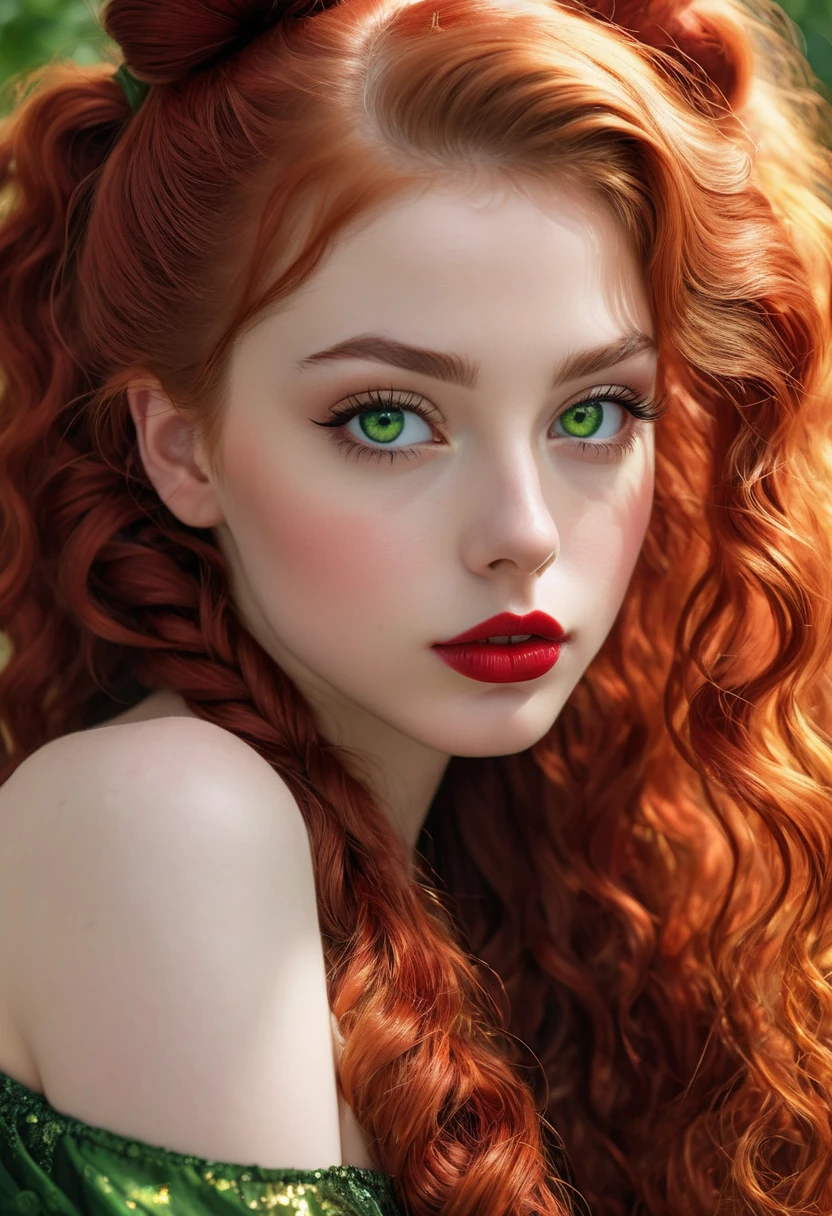 (masterpiece, best quality), ((realistic)), 1girl, solo, (((age 18))), (skin texture:1.1), (skin pores:1.2), (pale skin), (high detail face), ultra-detailed, digital-art,((Raw photo)), ((very long curly red hair)), (Big Twin tails), Looking at up, ((Green Gold Eyes)), (Translucent Cornea, luminosity:1.2), ((beautiful and perfect eyes)), Black Eyeliner, thin eyebrows, long eyelashes, ((full lips, lipstick hot red))