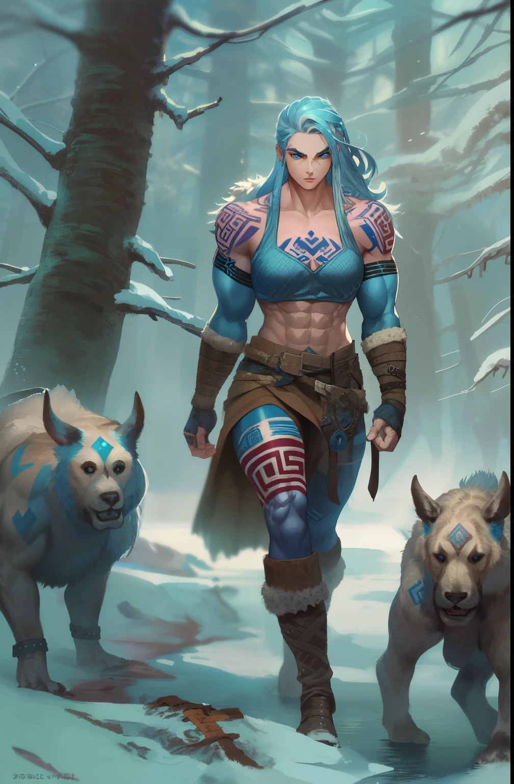 Female viking, (young:1.2), (muscular:1.2), fit, wearing brown furs and hides, (blue norse tattoos:1.2), blue eyes, light blue hair. Setting is a Scandinavian forest in winter, bare arms, exposed naval, (abs:1.2). Highly detailed, norse, berserker, arm muscles, leg muscles, bulky, leather straps