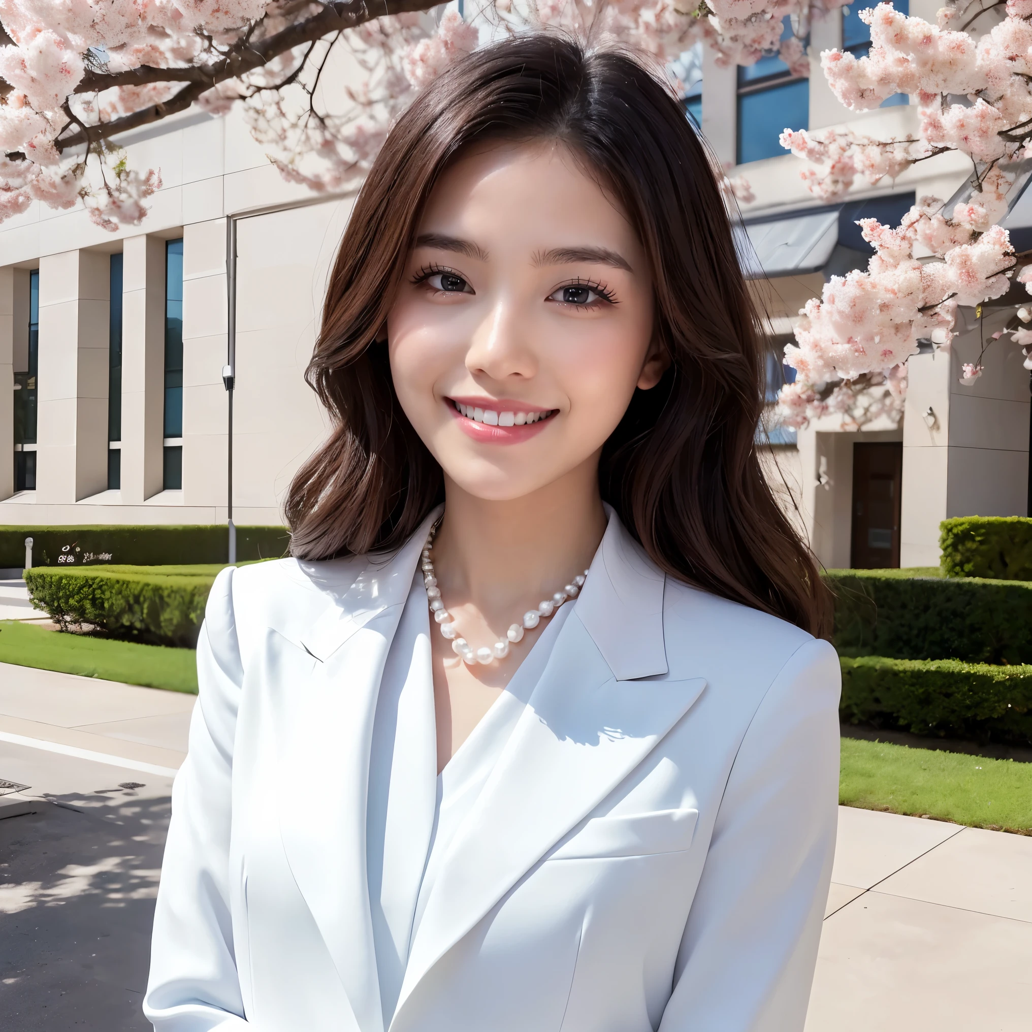 (masterpiece、highest quality、best image quality、8K、Award-winning work)、(1 40 year old mature woman:1.2)、(facial wrinkles:1.2)、(graduation costume:1.1)、(Commemorative photo taken with the school in the background:1.1)、(Beautiful skin that shines very brightly:1.3)、(very bright and vivid:1.2)、(look at me with your best smile:1.1)、(The most natural and perfect white formal suit:1.2)、(perfect and precise pearl necklace:1.2)、(Super bright and radiant skin:1.2)、(A perfect white suit that shines so brightly:1.1)、(とても明るくてピカピカのnew校舎:1.1)、(Elegantly styled very long wavy hair:1.2)、black brown hair、(big breasts:1.1)、emphasize body line、(Standing Most Elegantly:1.1)、(The background is a rectangular school building with four floors:1.2)、(Modern four-storey rectangular building:1.2)、(Reinforced concrete corner school:1.2)、(new, The modern exterior of the school building:1.1)、(beautiful square window glass:1.1)、(A new and beautiful high school:1.1)、sunny and beautiful sky、Clear, beautiful sky、beautiful thunderclouds、(refreshing sunshine:1.1)、(Blurred cherry blossom tree in full bloom in the background:1.1)、perfect makeup、bright lipstick、upper body photo、blurred background、(perfect ???????:1.1)、Ultra high definition beauty face、ultra high definition hair、Super high resolution perfect beautiful teeth、(Show your beautiful teeth and smile big:1.1)、Super high-definition sparkling eyes、Super high resolution glossy lips
