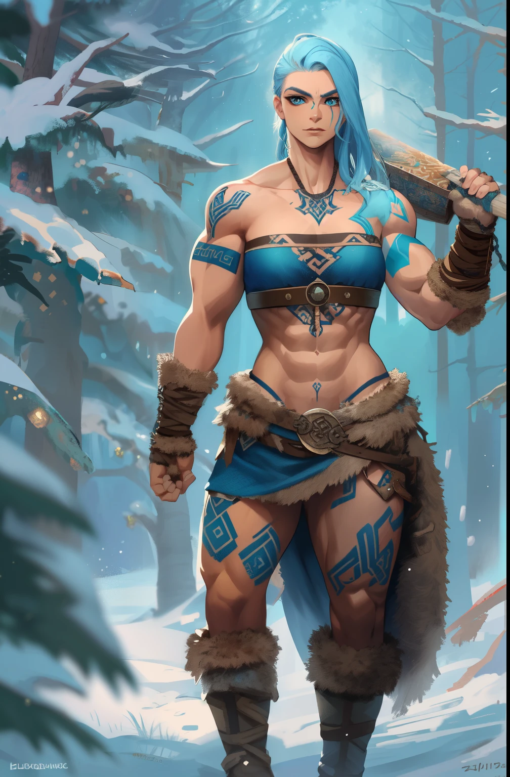 Female viking, (young:1.2), (muscular:1.2), fit, wearing brown furs and hides, (blue norse tattoos:1.2), blue eyes, platinum blonde hair, (Dreadlocks:1.4), (Dreads:1.4), (Sideshave:1.4), warrior hair. Setting is a Scandinavian forest in winter, bare arms, exposed naval, (abs:1.2). Highly detailed, norse, berserker, arm muscles, leg muscles, (bulky:1.2), leather straps, (large breasts:1.3), waist up