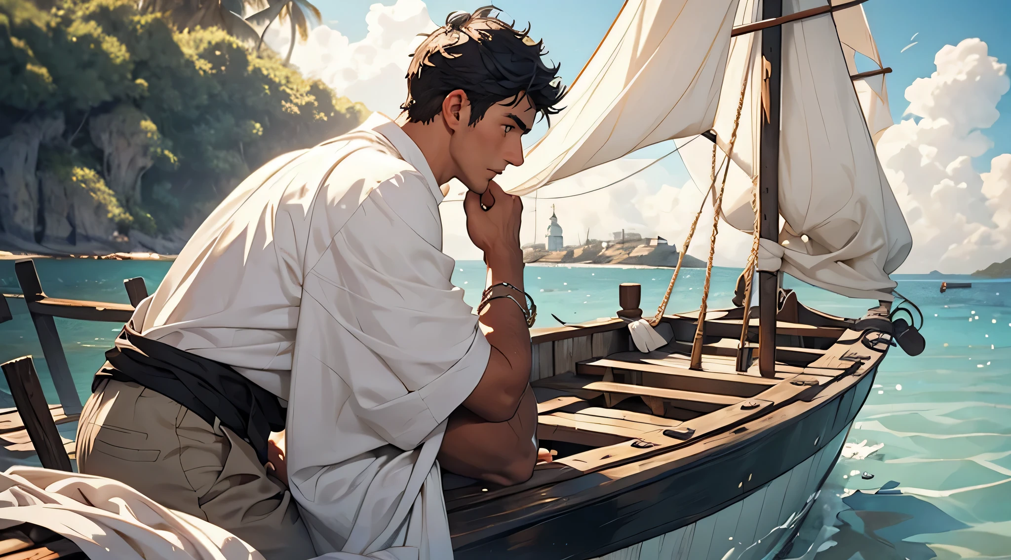 a black-haired young man in shabby white clothes on a small boat, arriving at the shore of an uninhabited island, seen from behind, medieval theme