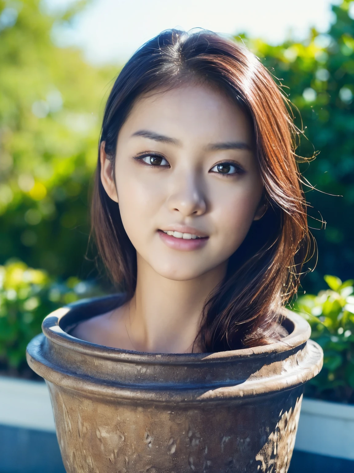 (masterpiece,best quality,photo-realistic:1.2),highres, (high detailed face), (high detailed skin), (Japanese young adult woman's head in a pot, cute face, neck:1.5), (face in front, looking at viewer:1.3), shooting with 35mm lens, ((smile)), (fine-textured skin:1.5), dark hair, outdoor, garden, daytime, sunny, cinematic lighting, soft lighting, 