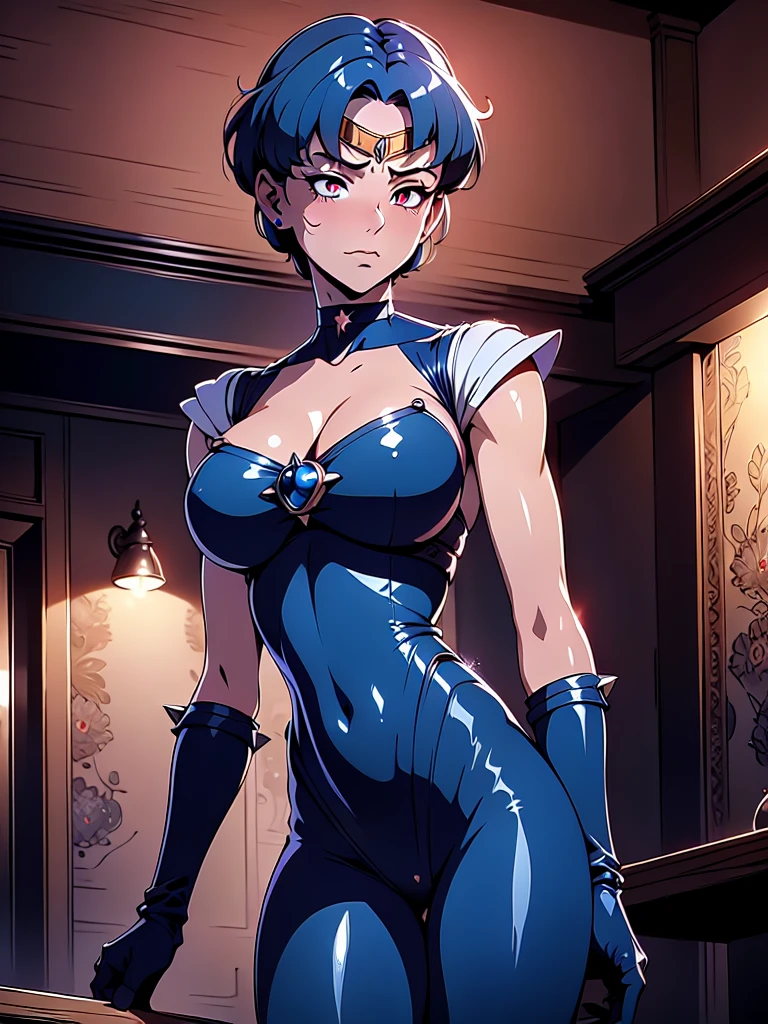 Full HD, 4K.(masterpiece:1.5), (best quality:1.5), amazing, beautiful detailed, extremely detailed wallpaper, extremely detailed CG unity 8k wallpaper, extremely delicate and beautiful, finely detailed, extremely detailed wallpaper, official art, detailed background, ,DollFace, ((30yr old,)) sailor mercury, blue hair,short hair ,red eyes, dominatrix
black body suit, shoulder pads, cleavage,  spikes, 
upper body, cowboy shot,  standing,  
underworld, night red sky, bar,
(insanely detailed, masterpiece, best quality) solo,
