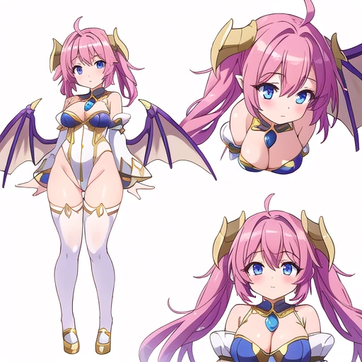 masterpiece, best quality, cute eyes, 1girl, solo, high fantasy costume, ((white background)), full body, multiple views, leotard, succubus, dragon horn, detached sleeves, pantyhose,