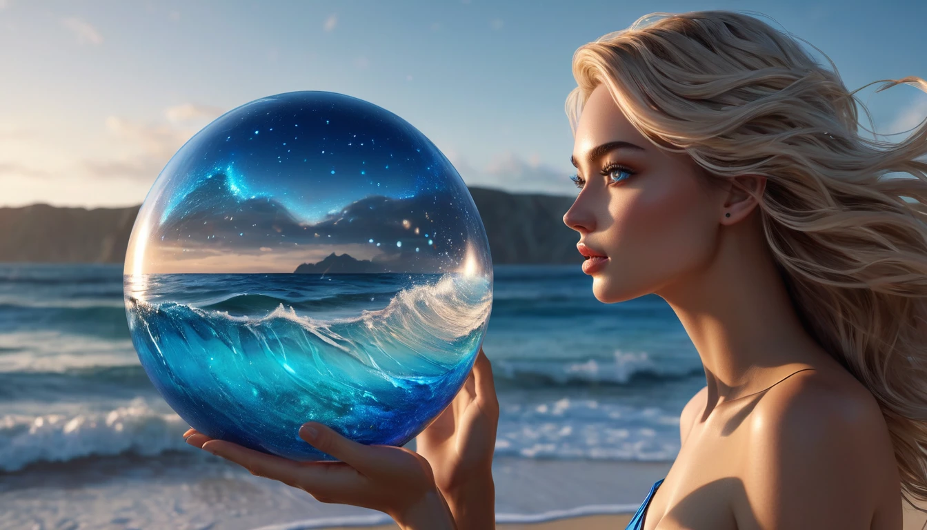 On the beach, a girl in a blue bikini holds a glass ball and looks at it, emitting the glow of a galactic storm. Her presence emits a shimmering aura, seamlessly merging with the ethereal manifestation within the sphere. Sand, sea and stars converge in a scene of surreal beauty where the earthly meets the heavenly in a harmonious embrace. A luminous aura forms around the girl.Profile Angle. Young adult, [Nordic:Icelandic:0.5], age 25, Hourglass elongated sexy fitness body, perfect Olive skin, Oval Face, Long neck, Rounded shoulders, long slim fitness arms, Attached Pointed ears, round forehead, Short blonde Beach Waves pixie haircut Parting centre hair, snub nose, Arched Thin eyebrows, Monolid Eyes, High Round Narrow Symmetrical cheekbones, Dimpled Cheeks, Rounded Chin, Rounded Jawline, Fine Puppet Wrinkles, Smooth Nasolabial Folds, Full nude Lips, (blue eyes), Nude Makeup Look, 8k, vray, IMax, hyperrealism, perfect light, bokeh Carl Zeiss 85mm, small depth of field, photorealistic, masterpiece, high resolution, best quality, cinematic shot, ultra-detailed, super realistic, Hyperrealistic art, high-quality, ultra high res, highest detailed, lot of details, Extremely high-resolution details, photographic, realism pushed to extreme, incredibly lifelike,

atmospheric perspective (focus on face),
realistic skin, soft light, detailed skin, colourful, soft cinematic light, 
