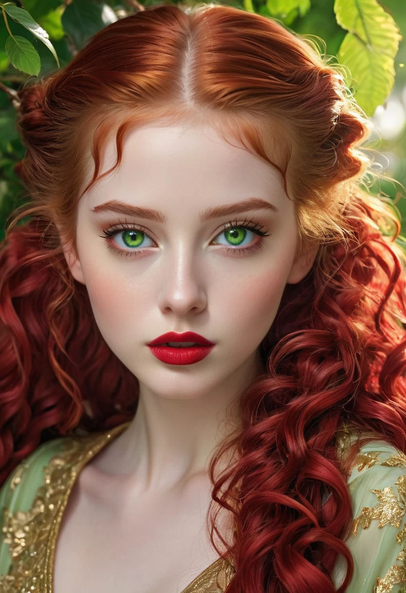 (masterpiece, best quality), ((realistic)), 1girl, solo, (((age 18))), (skin texture:1.1), (skin pores:1.2), (pale skin), (high detail face), ultra-detailed, digital-art,((Raw photo)), ((long curly red hair)), (Big Twin tails), Looking at up, ((Green Gold Eyes)), (Translucent Cornea, luminosity:1.2), ((beautiful and perfect eyes)), Black Eyeliner, thin eyebrows, long eyelashes, ((full lips, lipstick cherry red))
